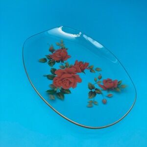 Small Vintage Glass Floral Trinket Dish - Red Rose Vanity Tray with Gold Rim